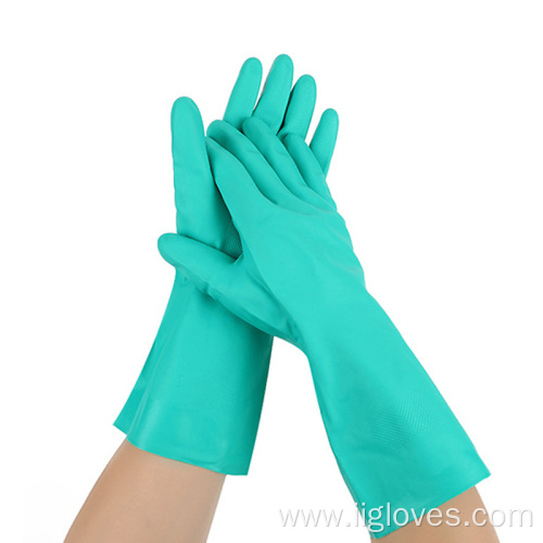 Flocked Lining Green Reusable Chemical Nitrile Gloves